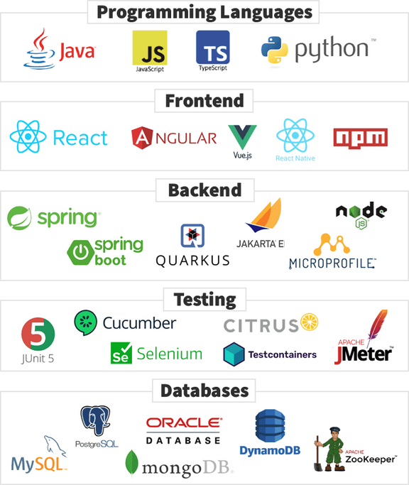 Logos: Programming languages / Frontend / Backend / Testing / Databases